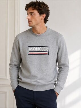 Moncler Logo Embroidered Crewneck Sweatshirt Gray Cotton Men’s XL